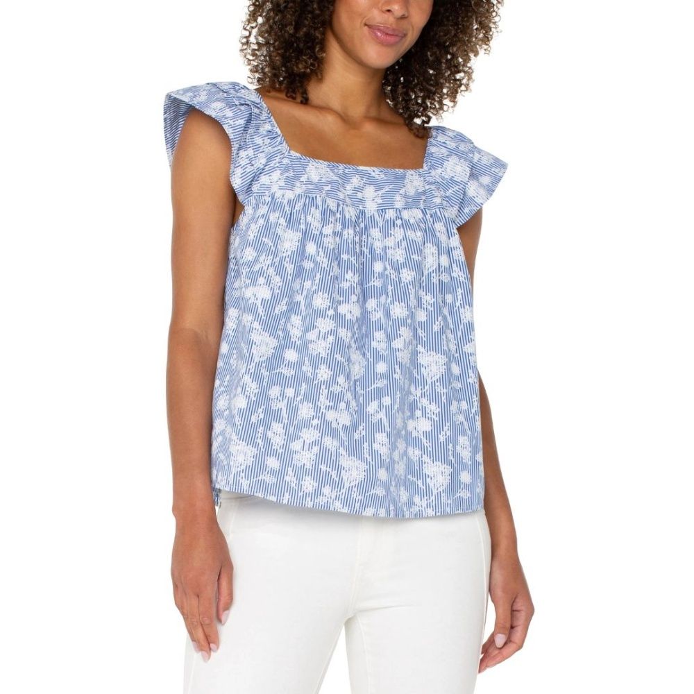 SHORT SLEEVE SQUARE NECK WOVEN BLOUSE, Color: BLUE | WHITE FLORAL STRIPE, Size: XS