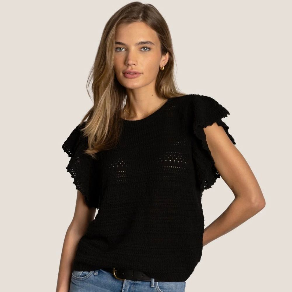 W CHLOE CROCHET RUFFLE SLEEVE BLOUSE, Color: BLACK, Size: XL
