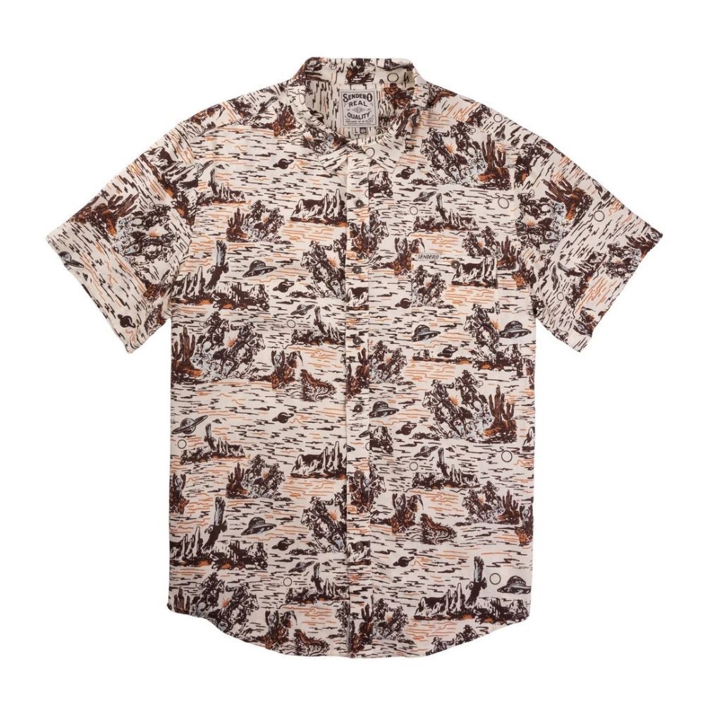 CITY SLICKER BUTTON UP SHORT SLEEVE, Color: DESERT ADBUCTION PRINT -WHITE, Size: M