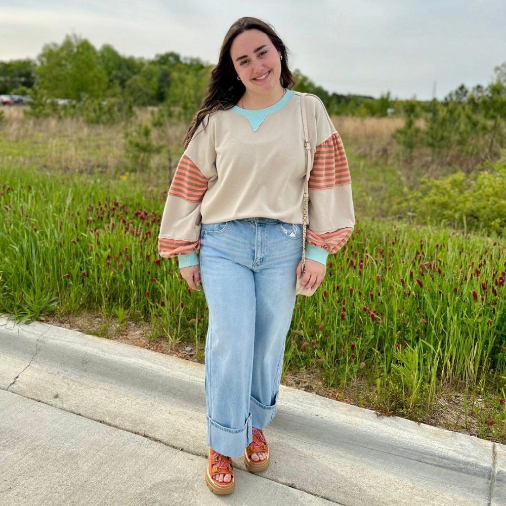 W LONG SLEEVE STRIPE SLEEVE TOP, Color: KHAKI, Size: L