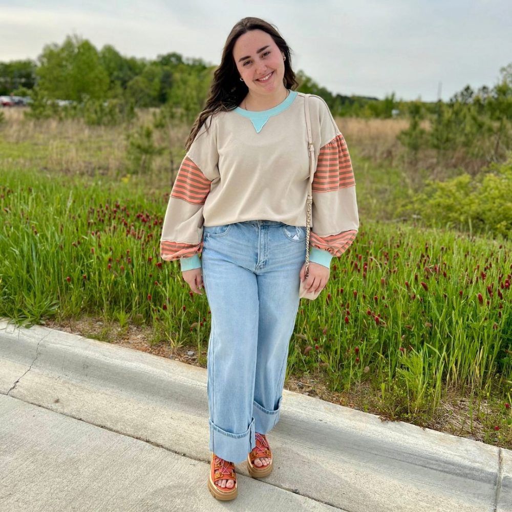 W LONG SLEEVE STRIPE SLEEVE TOP, Color: KHAKI, Size: L