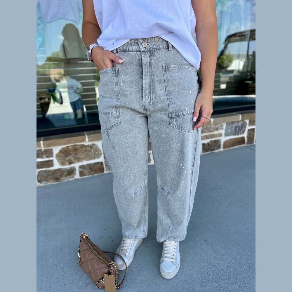 W SPLATTER PAINT BARREL JEANS, Color: OYSTER GREY, Size: L