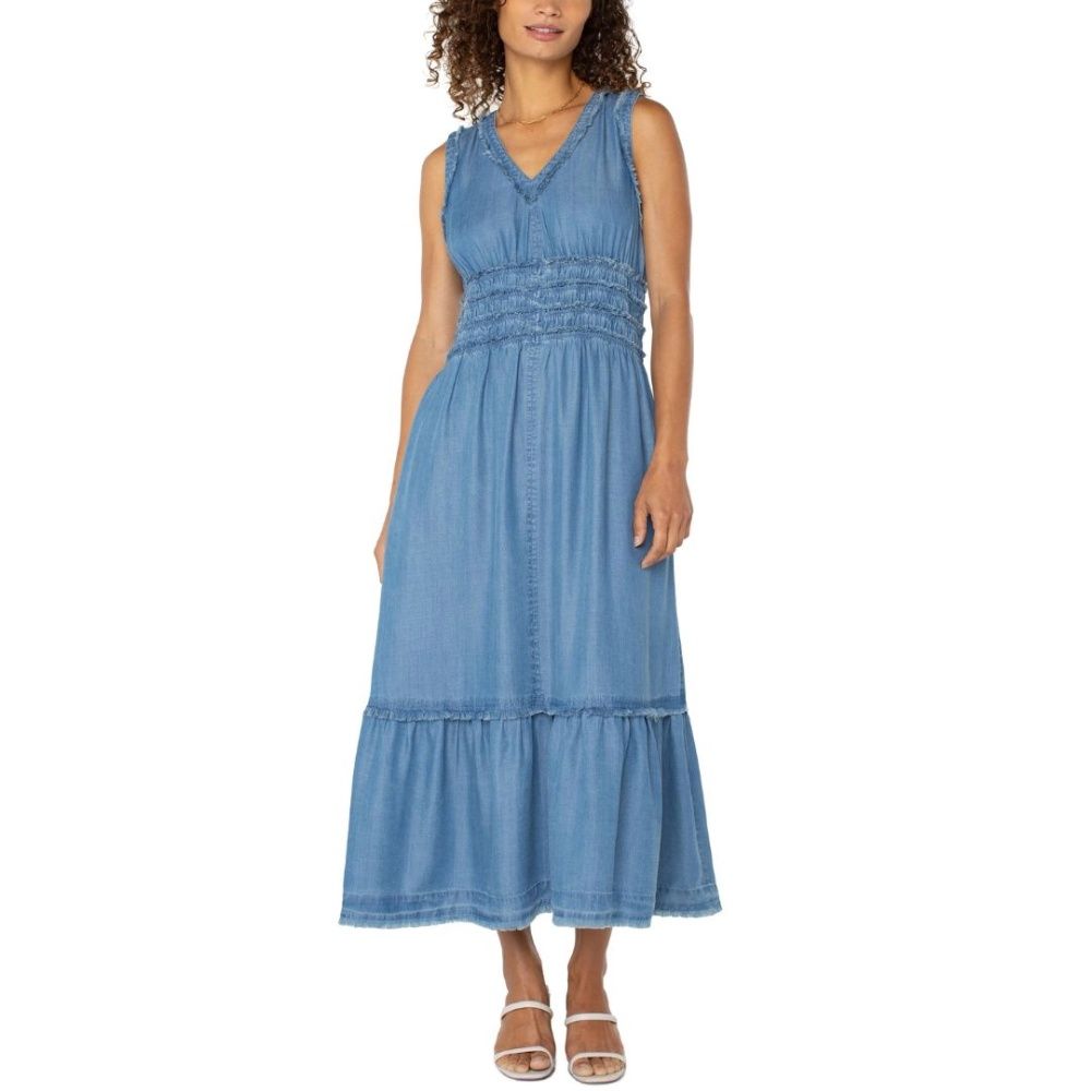 W SMOCKED V NECK MAXI DRESS, Color: DELWOOD, Size: L