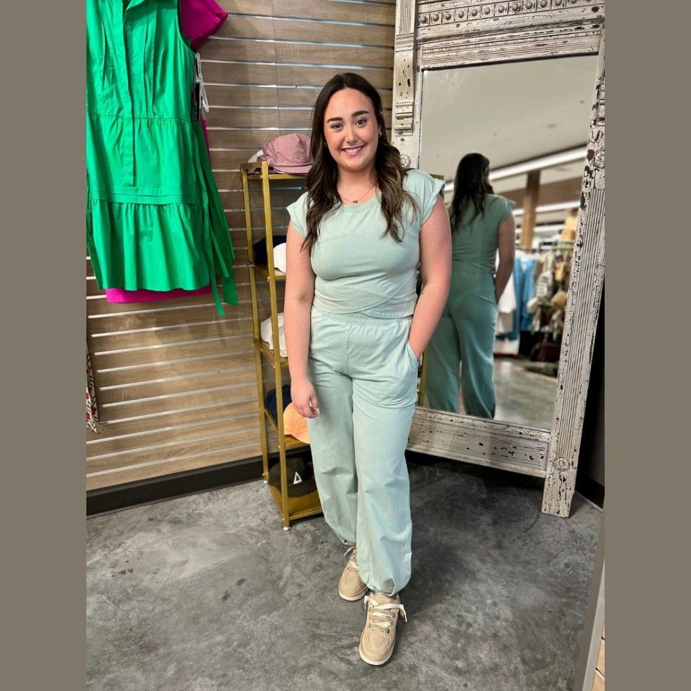 W SOLID  POCKET JOGGER SWEATPANTS, Color: TOPAZ GREEN, Size: L