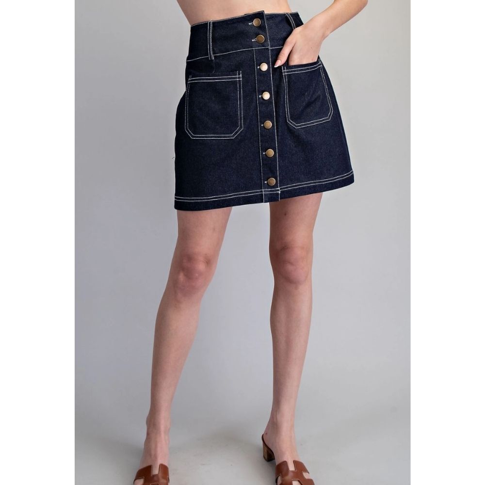 SOFT WASHED BUTTON DOWN MINI DENIM SKIRT, Color: DENIM, Size: S