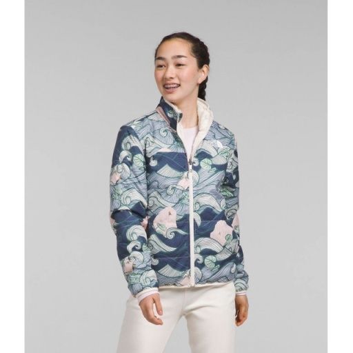 girls' reversible mossbud jacket, Colour: cave blue highball waves print, Size: XS
