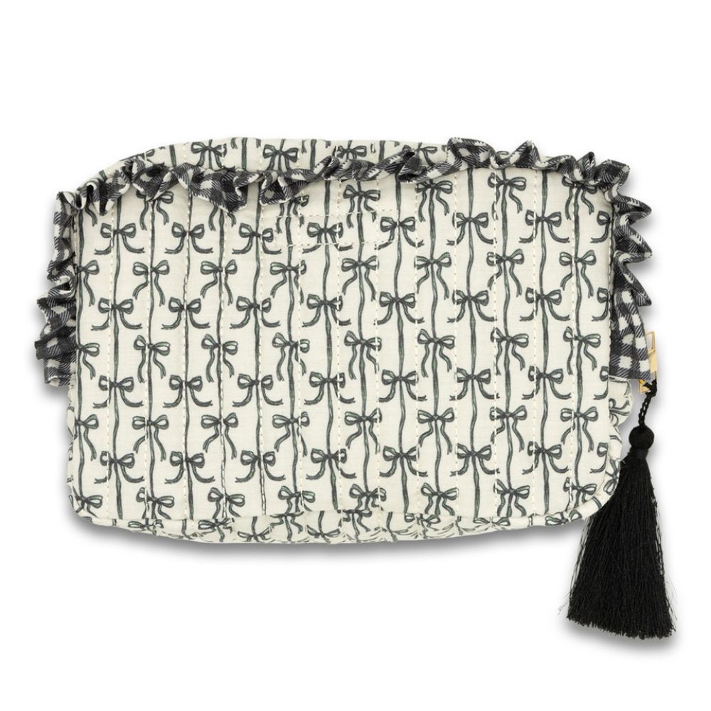 QUILTED COSMETIC BAG, Color: BLACK/WHITE BOW