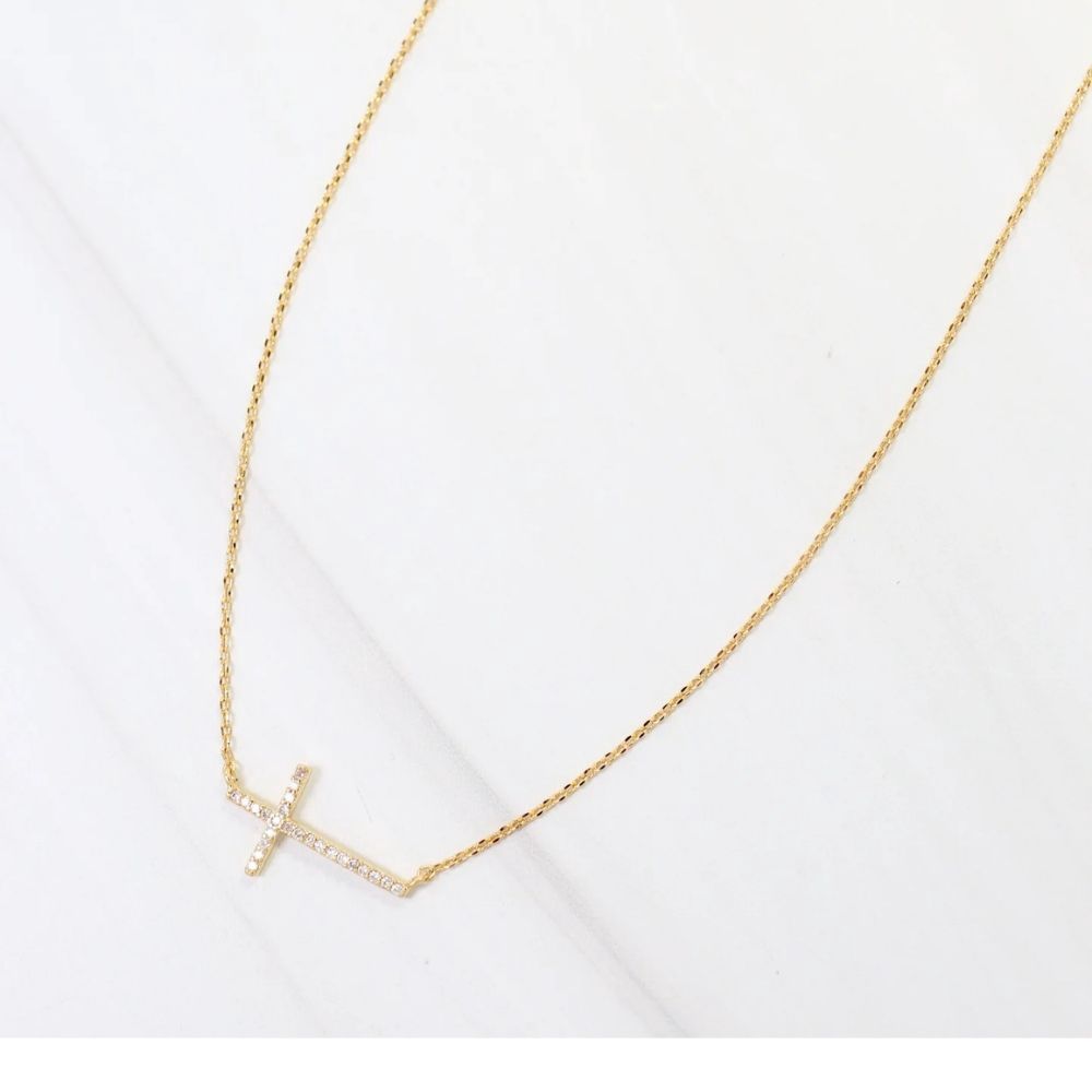 WEST POINT CZ SIDE CROSS NECKLACE, Color: GOLD, Style: N40634