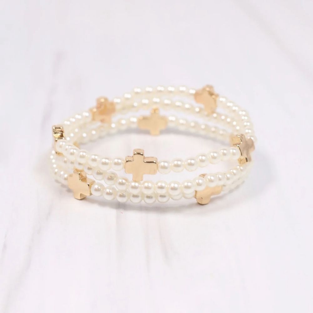 MEYNELL CROSS PEARL BRACELET SET, Color: CREAM, Style: B37655