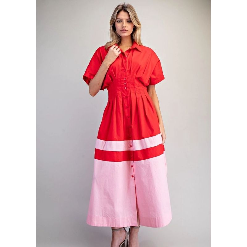 COLOR BLOCK BUTTON DOWN PLEATED MIDI DRESS