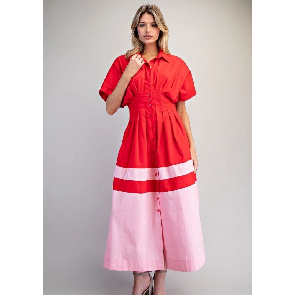 COLOR BLOCK BUTTON DOWN PLEATED MIDI DRESS, Color: TOMATO, Size: SMALL, Style: DK14873