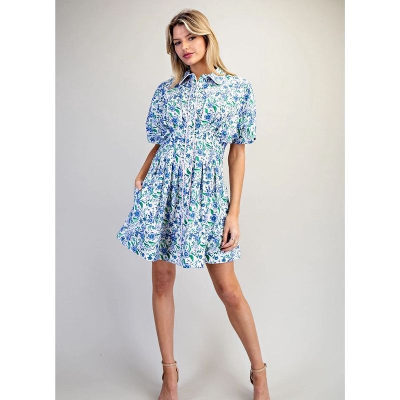 FLORAL PRINTED BUTTON DOWN PLEATED MINI DRESS