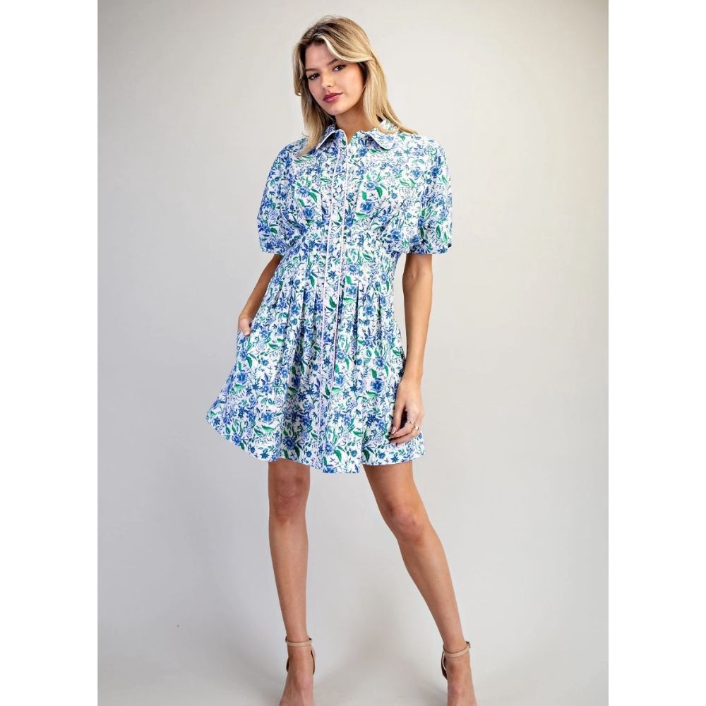 FLORAL PRINTED BUTTON DOWN PLEATED MINI DRESS, Color: CORNFLOWER, Size: SMALL, Style: DK14775