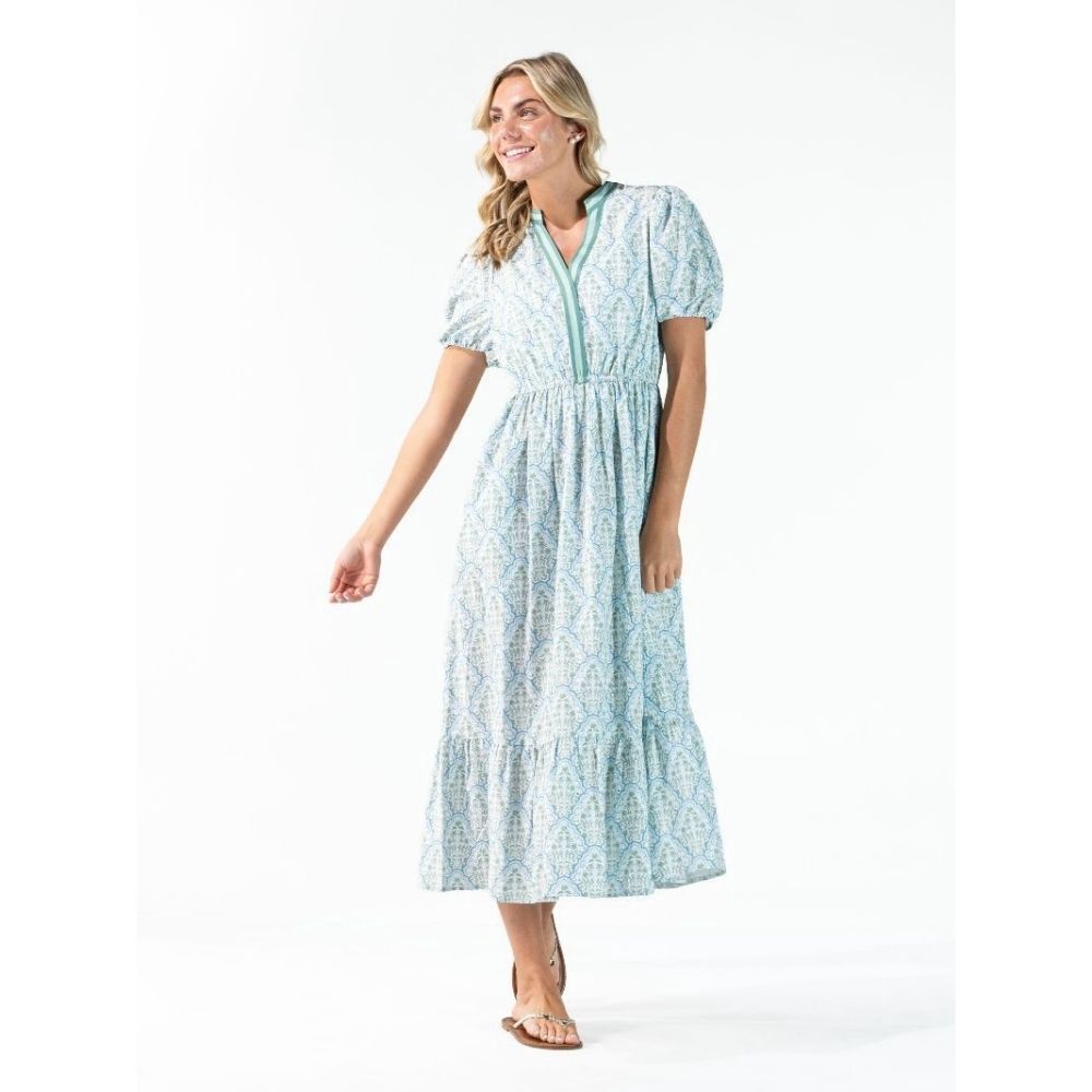 WOMEN'S PRIM Y-NECK DRESS, Color: BLUE/GREEN FLOWER, Size: LARGE