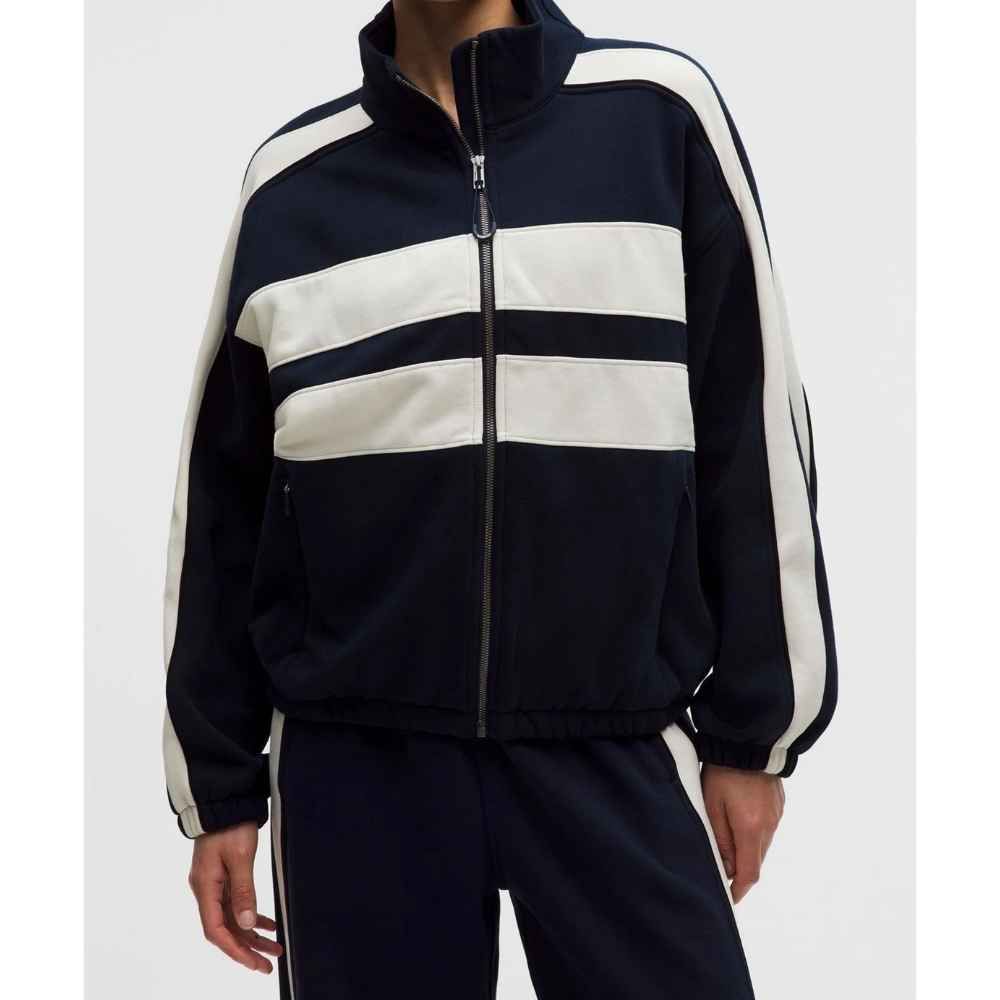 WOMEN'S STEADY STATE OVERSIZED FUNNEL FULL ZIP STRIPE, Color: TRUE NAVY/LIGHT IVORY/ BLACK, Size: X SMALL, Style: LW3JX5S