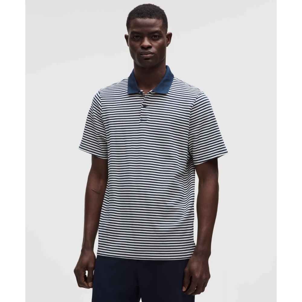 COTTON PIQUE SHORT SLEEVE POLO SHIRT, Color: EVEN STRIPE CLUB BLUE COCONUT IVORY, Size: SMALL, Style: LM3FY3S