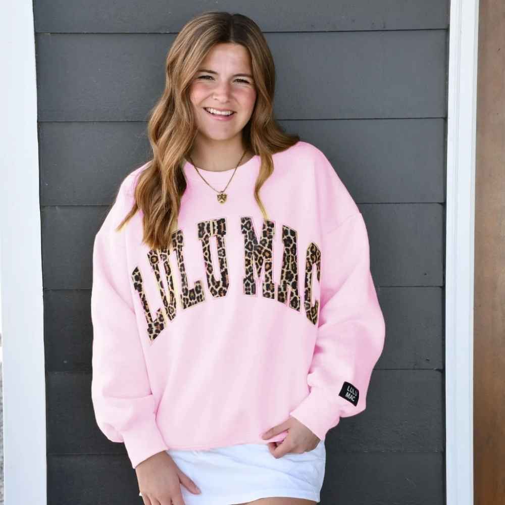 LULU MAC LEOPARD SWEATSHIRT, Color: LIGHT PINK/LEOPARD, Size: X SMALL