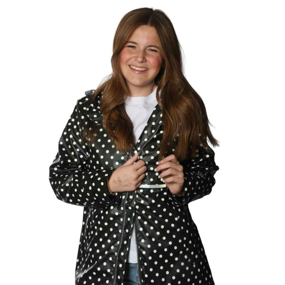 LULU MAC RAINCOAT, Color: BLACK W/WHITE POLKA DOTS, Size: MEDIUM, Style: LM-RC-1001PD