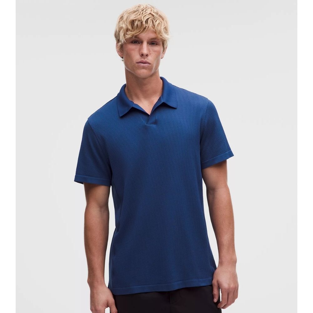 TEXTURED SEAMLESS POLO SHIRT, Color: TRUE NAVY/CLUBHOUSE BLUE, Size: SMALL
