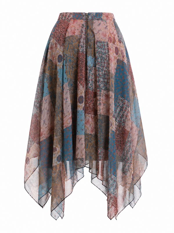 Falda Mujer Western Boho Patchwork Asimétrica Estampada