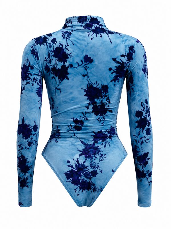 Blusa Body Vaquera Mujer Azul Floral Manga Larga