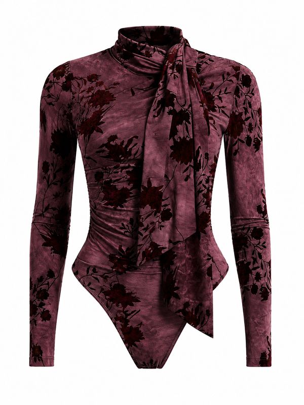 Blusa Body Vaquera Mujer Vino Floral Manga Larga