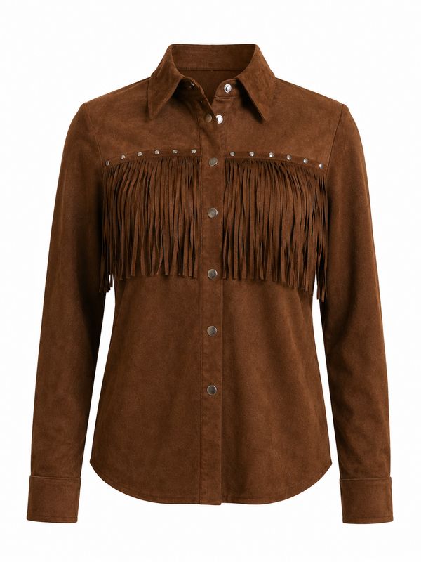 Camisa Vaquera para Mujer Café Claro con Flecos Estilo Western