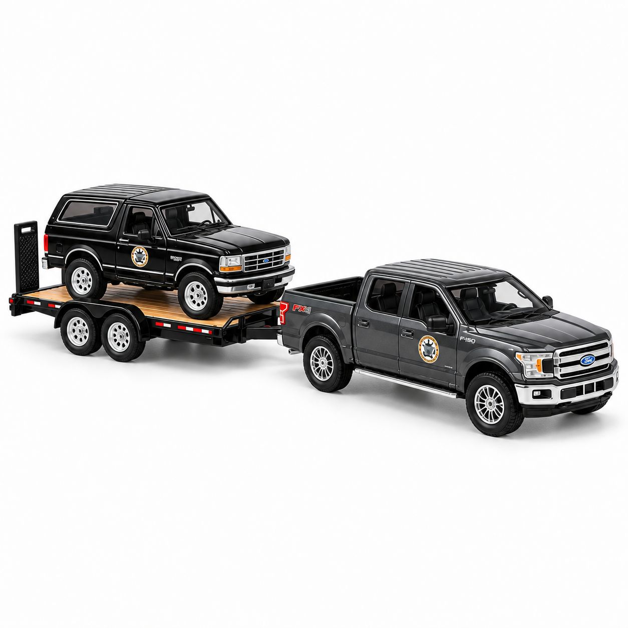 GreenLight Hollywood Yellowstone – Ford F-150 2018 + Ford Bronco 1992 + Flatbed Trailer – Escala 1:64