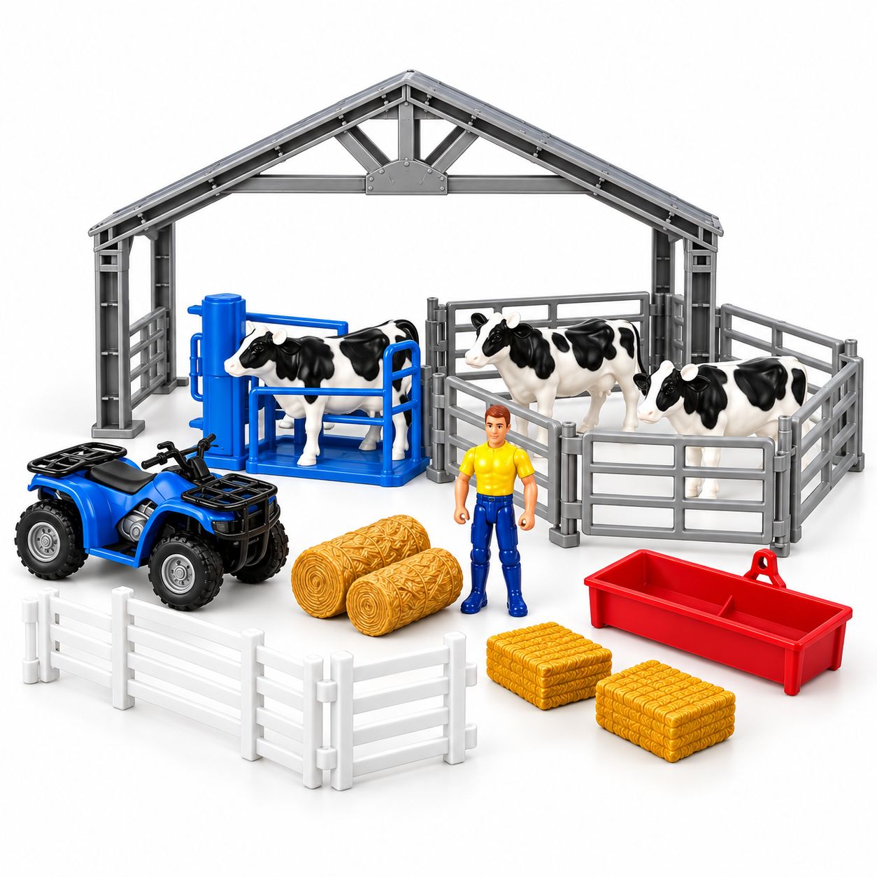 Set Granja New-Ray Country Life Vacas Granjero Cuatrimoto Accesorios 3+