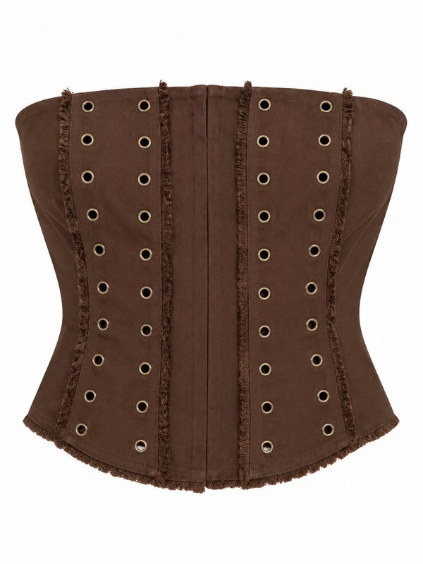 Corset Merlot Dama Café Strapless Con Ojillos Estilo Vaquero