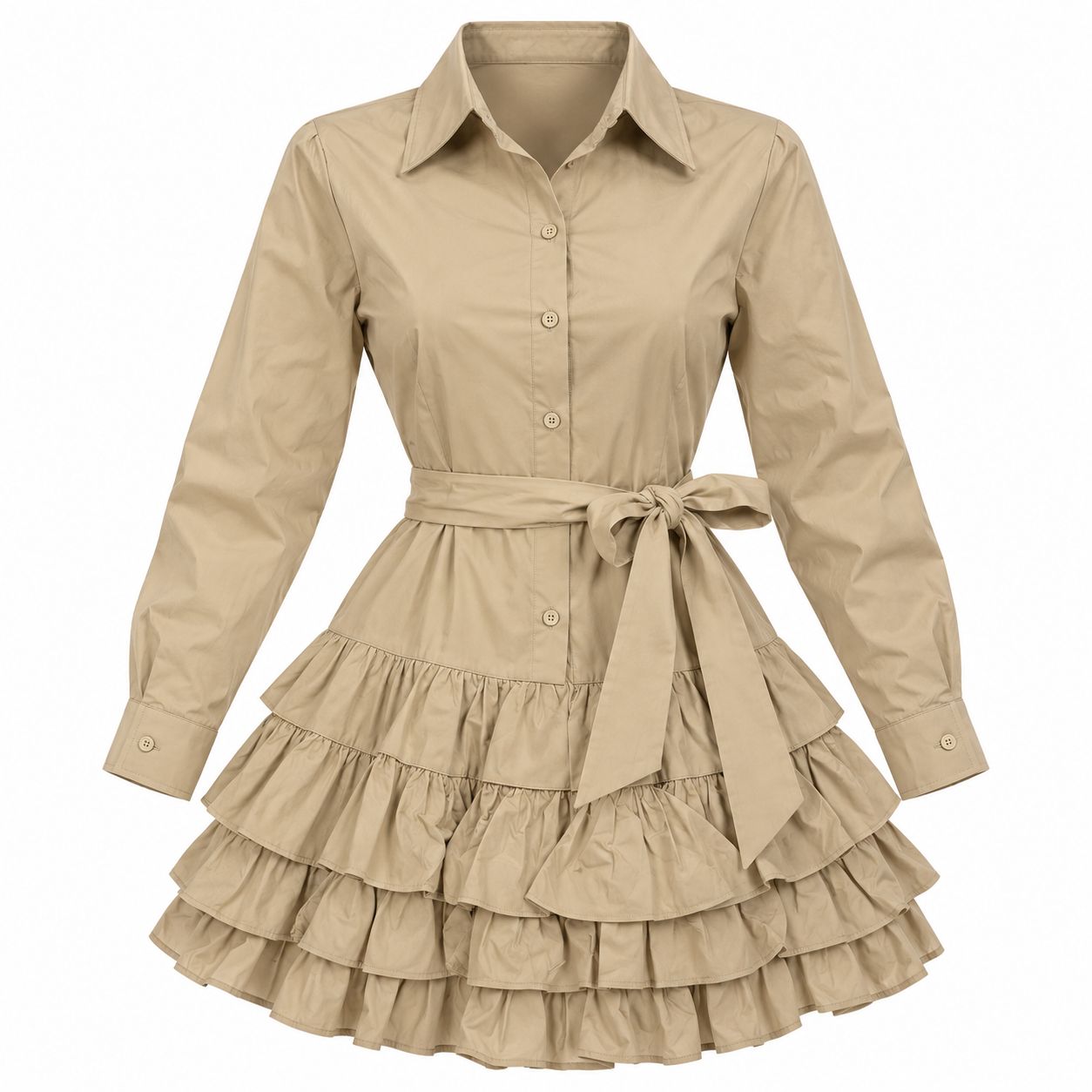 ​Vestido Vaquero Corto con Olanes Beige
