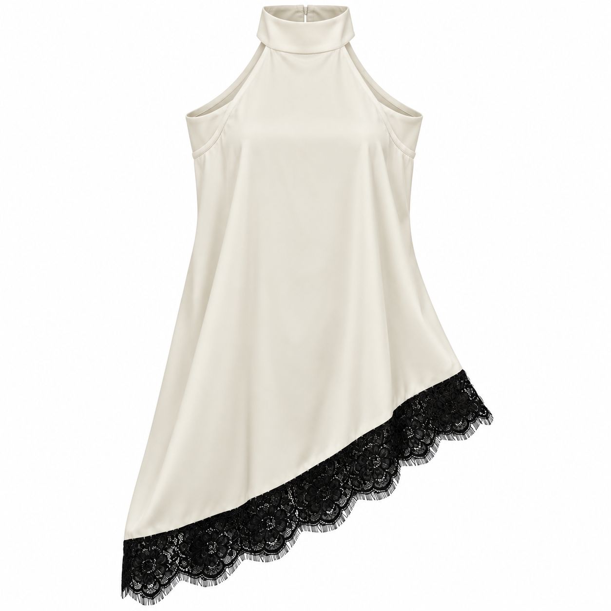 ​Blusa Satinada Asimétrica Beige con Encaje Negro
