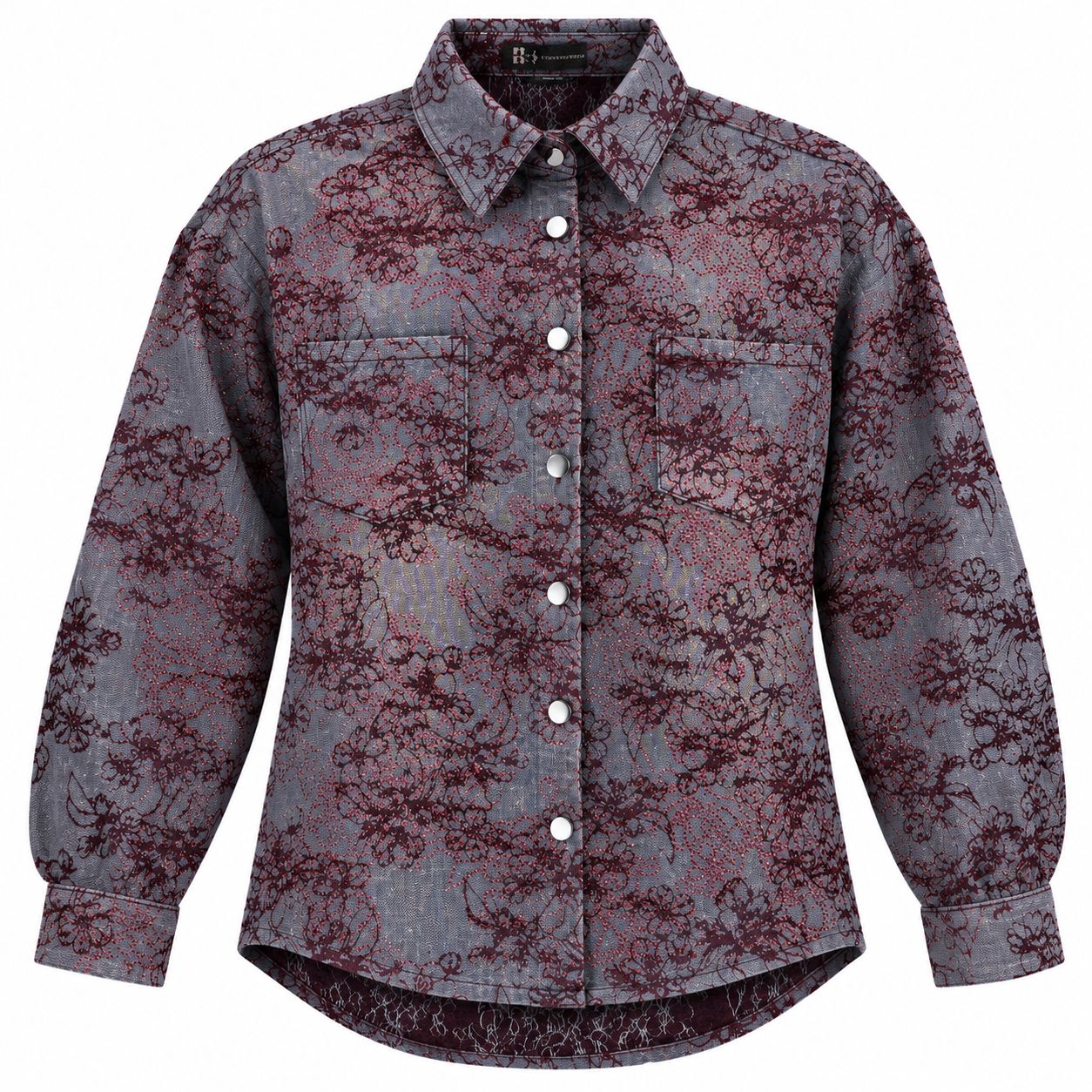​Sobrecamisa Vaquera Gris con Diseño Floral Vino y Aplicaciones Brillantes