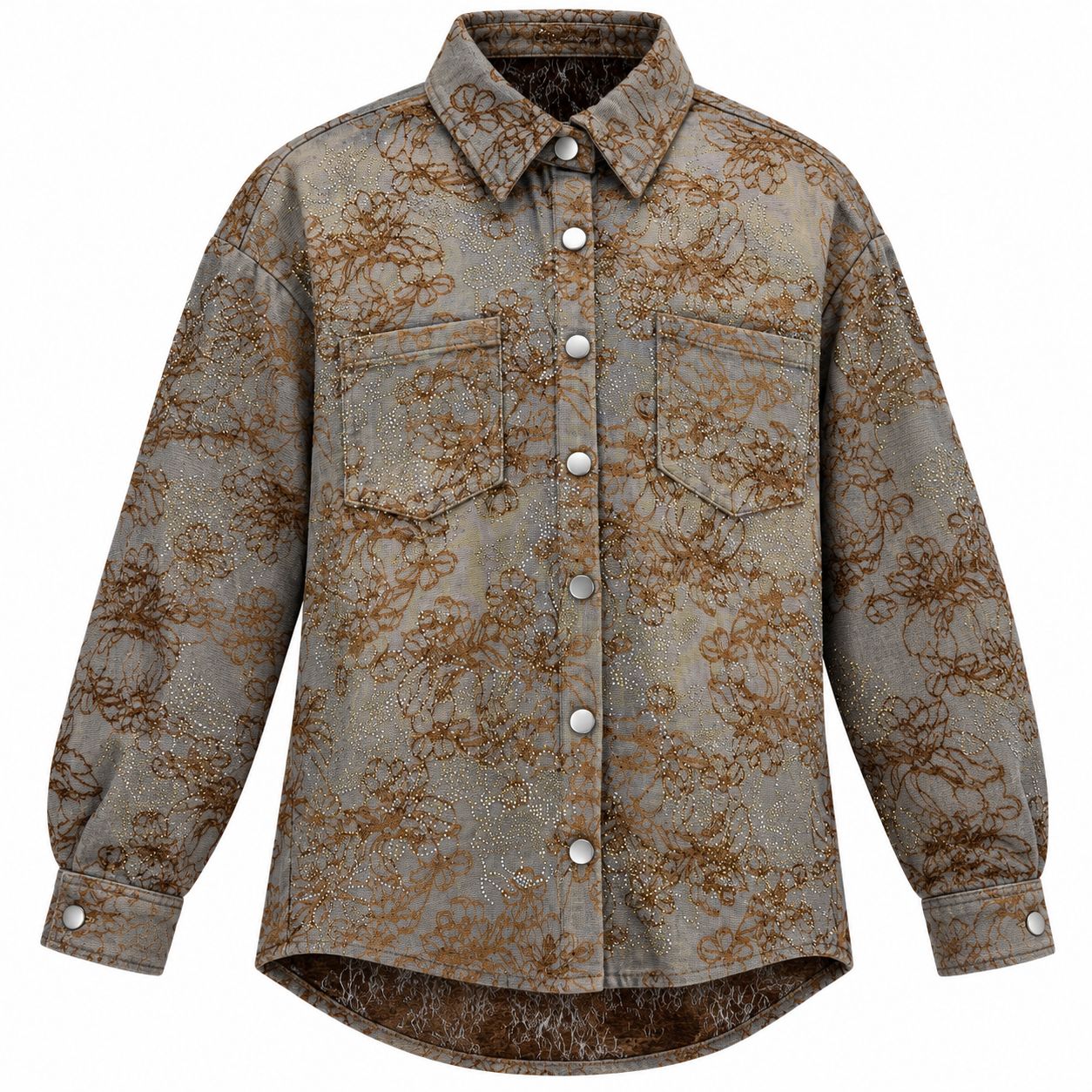 ​Sobrecamisa Vaquera Gris con Diseño Floral Cafe y Aplicaciones Brillantes