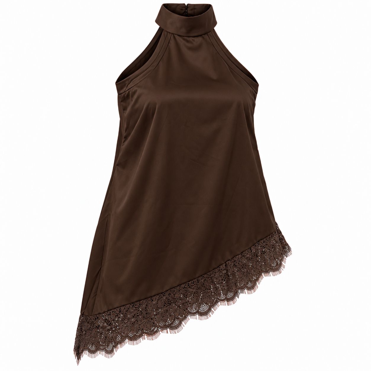 ​Blusa Satinada Asimétrica Café con Encaje Floral