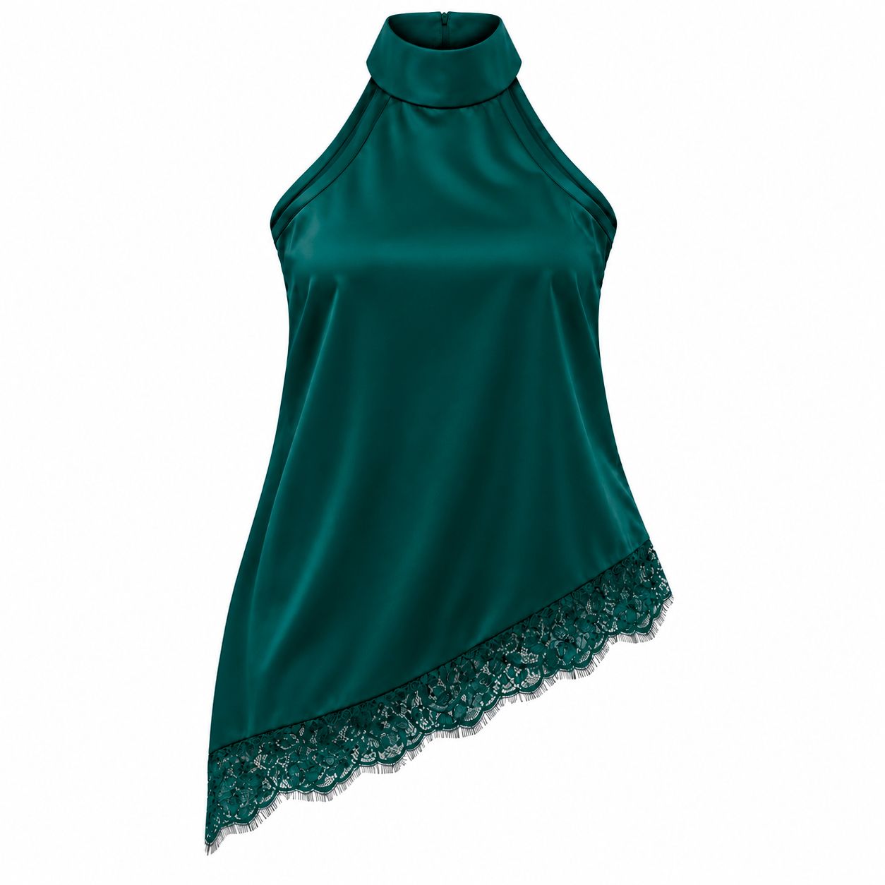 ​Blusa Satinada Asimétrica Verde con Encaje Floral
