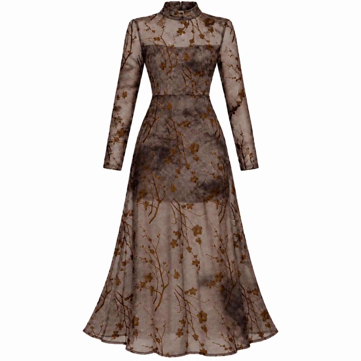 ​Vestido Largo Café con Transparencias