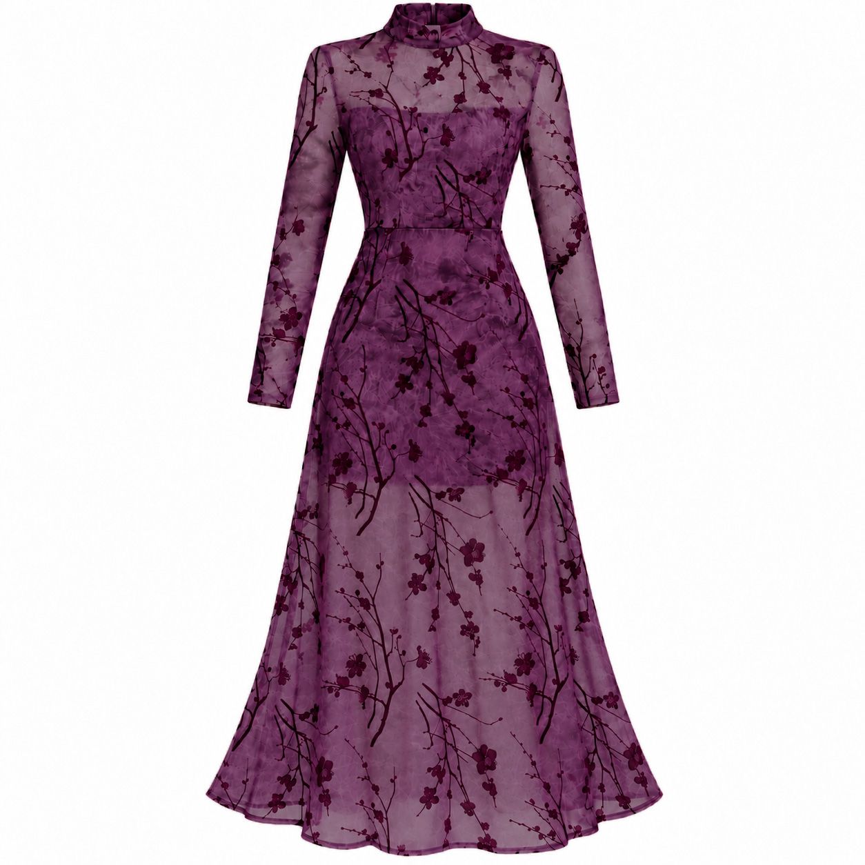 ​Vestido Largo Vino con Transparencias