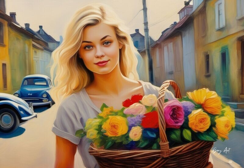 Gary Art Leinwand Eine Junge Frau mit einem Blumenkorb auf der Straße mit bunten Häusern  150 x 100 cm Ölmalerei auf Canvas 1300 (##38##) Unikat