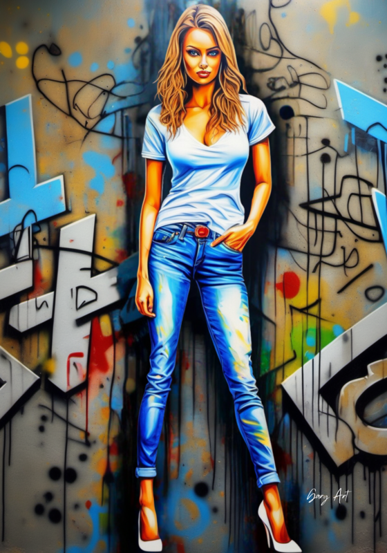 Gary Art Leinwand Streetstyle-Abstraktion: Junge Frau und Graffitiwand in urbaner Harmonie  70 x 100 cm auf Canvas 1300 (##102##) Unikat