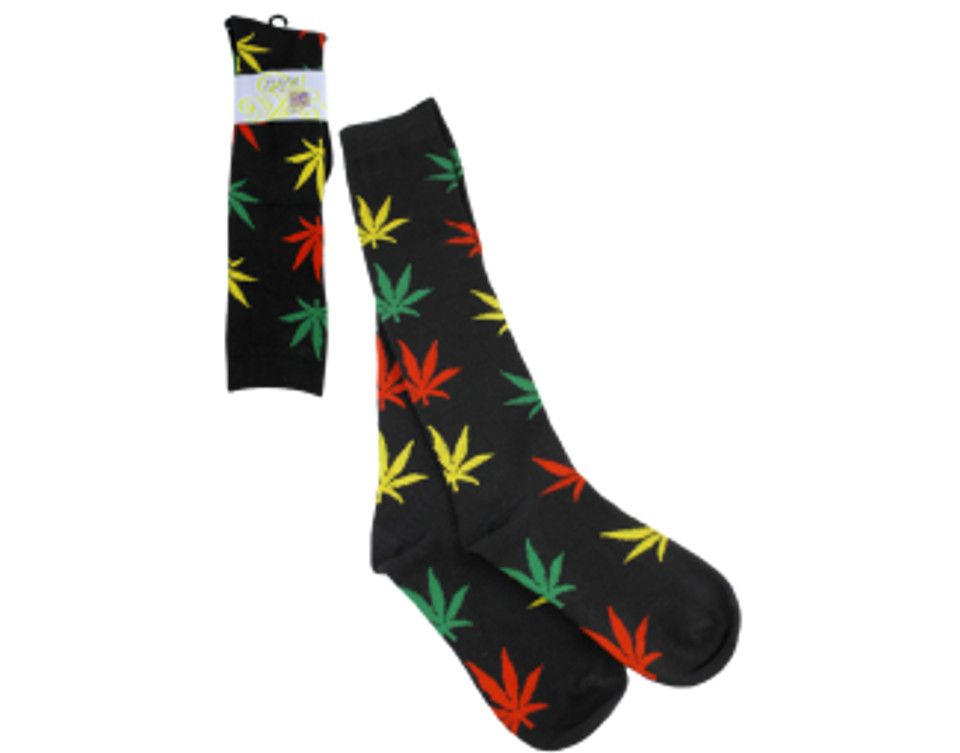 Socks - Knee High, Color: black w/ rasta leaves