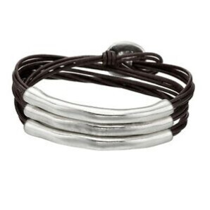 Brown leather wrap bracelet with silver tubes