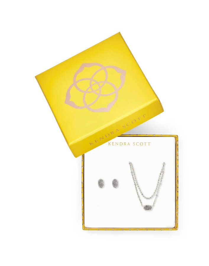Gift Set Emilie 2 Strand Druzy/Stud Earring Silver
