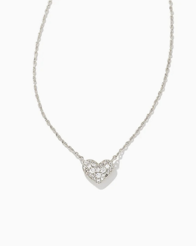 Ari Pave Crystal Heart Necklace Rhodium Metal White CZ