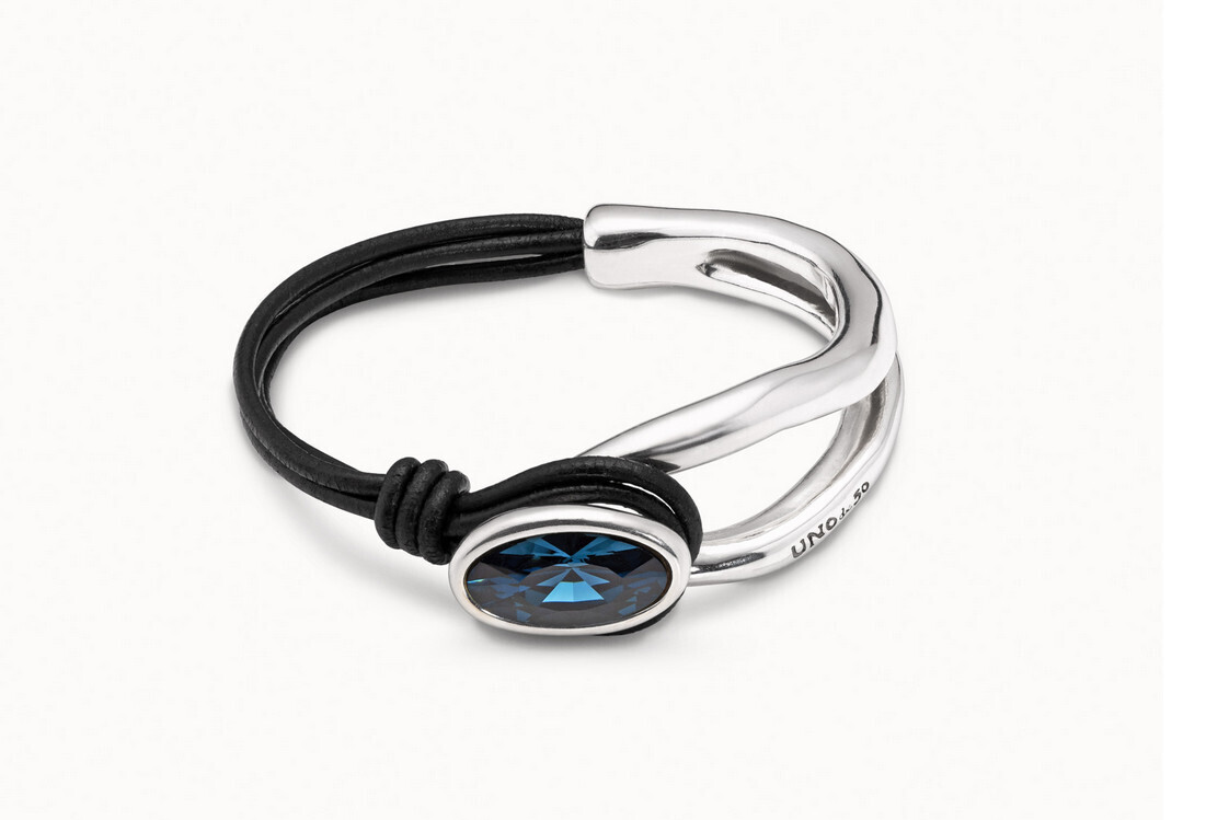 Madam Silver Bracelet Half Leather Tubes w/Blue Stone Crown Clasp