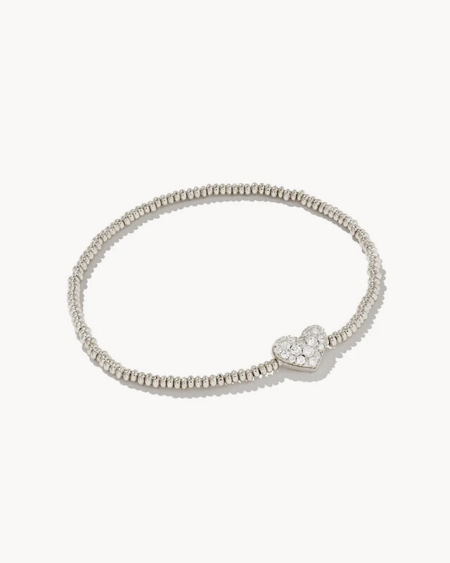 Ari Pave Crystal Heart Stretch Bracelet Rhodium White Crystal