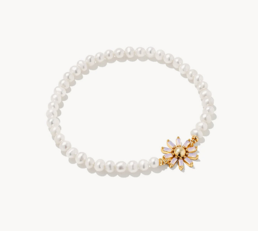 Madison Daisy Pearl Stretch Bracelet Gold White Opaque Glass