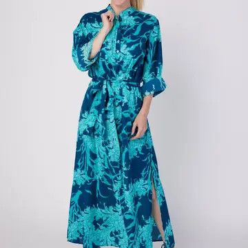 Elina Woven Cotton Dress Navy Turquoise Pattern