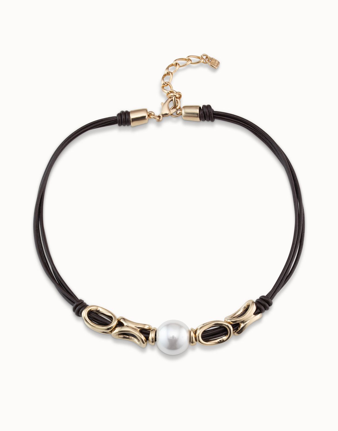 Short Necklace Leather with 18K gold-plated Links and Central Pearl