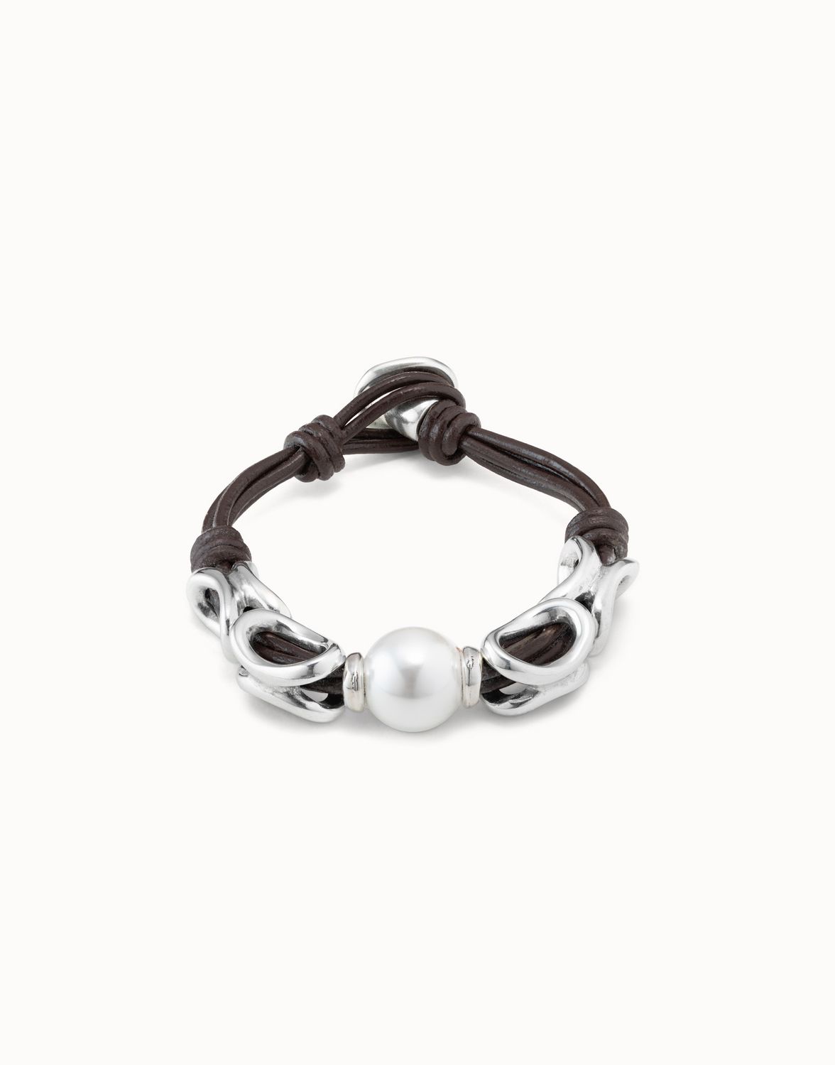 Brown Leather Bracelet with Silver Links and Central Pearl